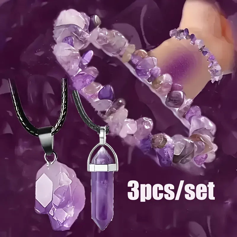 3Pcs Natural Amethyst Jewelry Set Irregular Chip Bracelet Raw Crystal Pendant Hexagonal Point Neckla