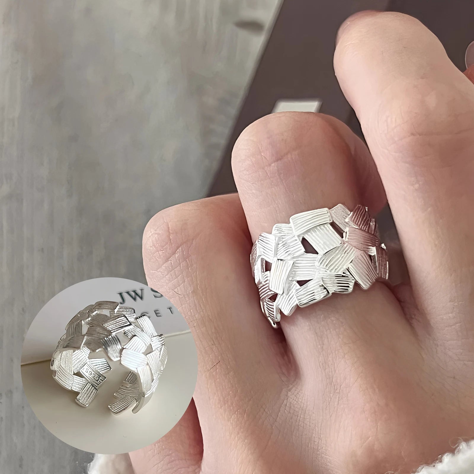 PANJBJ 925 Sterling Silver Frosting Geometry Ring for Women Wide Texture Versatile Ha alternate view