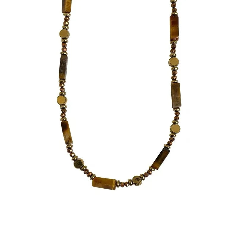 Retro Temperament Layered Tiger Eye Stone Pendant Necklace For Women Stainless Stee additional angle