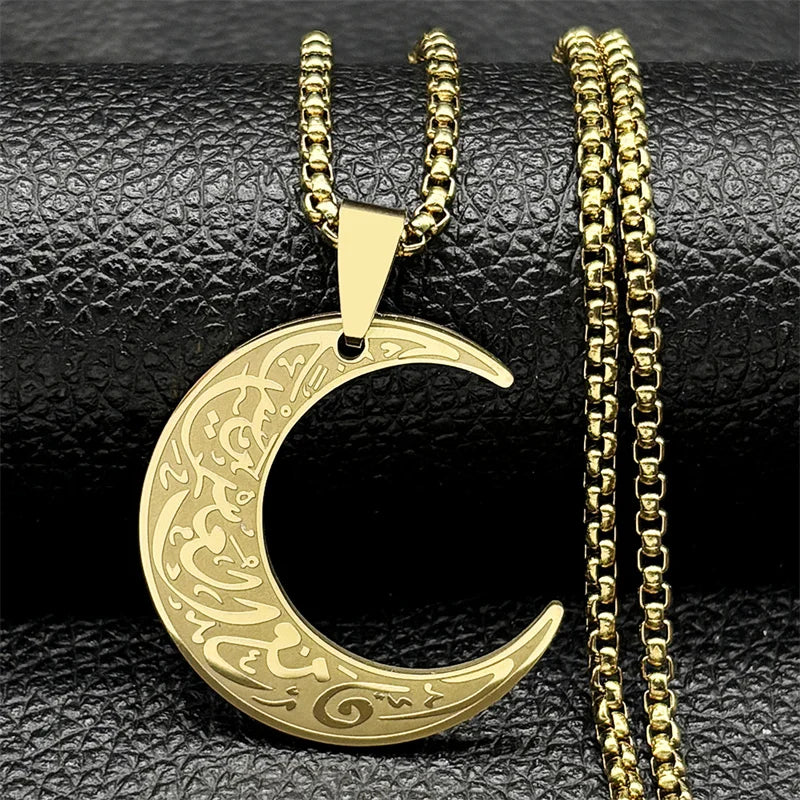 Crescent Moon Islamic Muslim Pendant Necklace | Stainless Steel Gold Color Arabic Qur lifestyle view