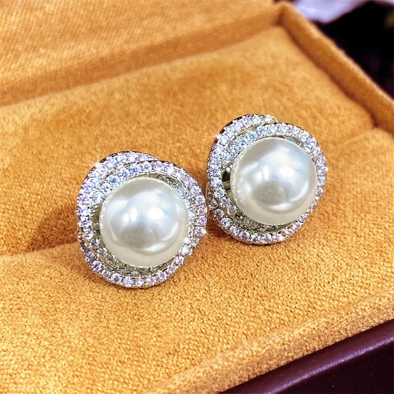Huitan Sparkling Cubic Zirconia Imitation Pearl Stud Earrings | Silver Tone Fashion Jewelry for Wome