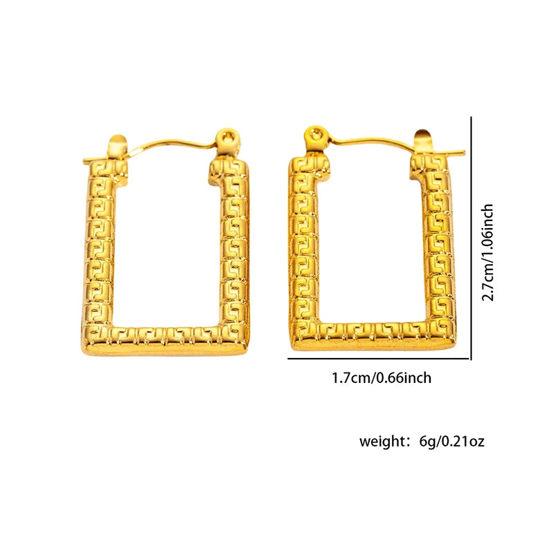 ANENJERY 316L Stainless Steel Hollow Square Texture Drop Earrings | Hypoallergenic Geo close-up view