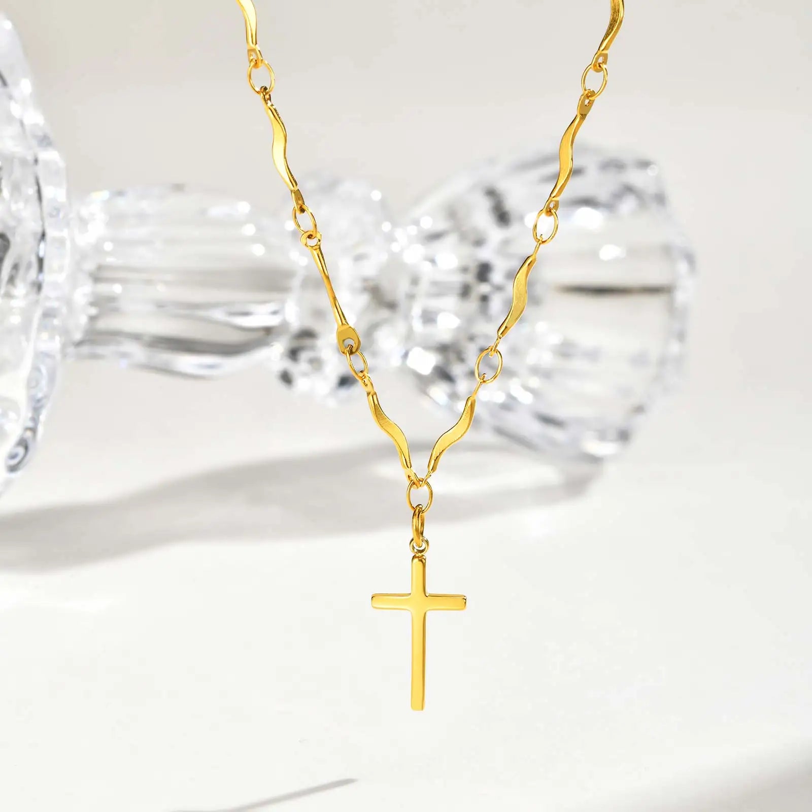 Minimalist Stainless Steel Cross Pendant Necklace, Non-fading Gold Plated Wave Chain alternate view