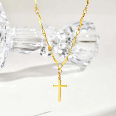 Minimalist Stainless Steel Cross Pendant Necklace, Non-fading Gold Plated Wave Chain alternate view
