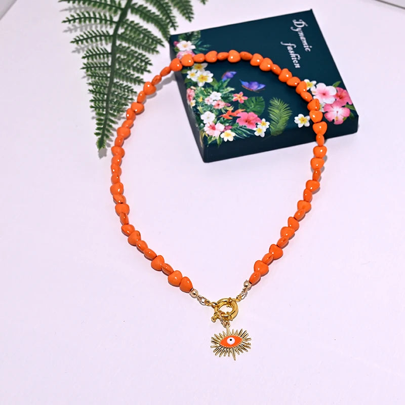 Heart Choker Necklace with Colorful Beads | Bohemian Eye Pendant Set for Women close-up view