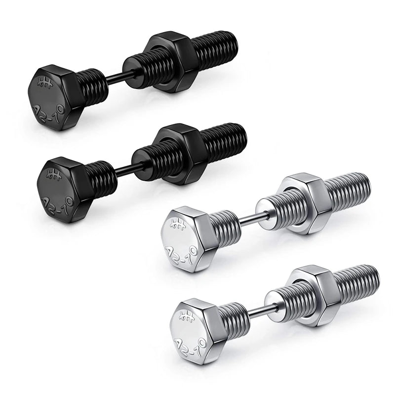 2pc New Gothic Unisex Punk Rock Stainless Steel Nail Screw Piercing Stud Earrings Nove close-up view