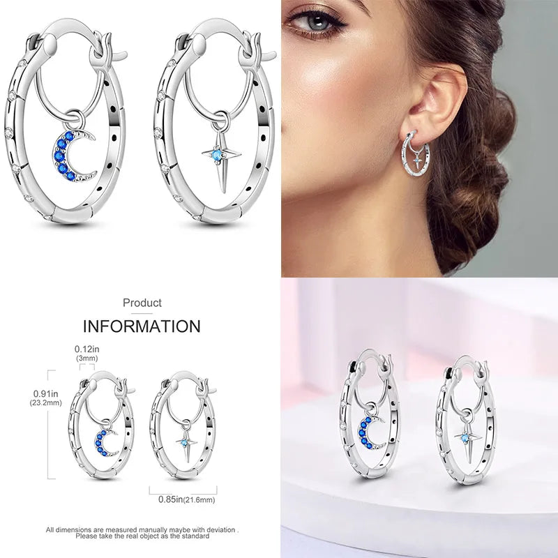 Luminous Shell Women Earrings Original 925 Sterling Silver Pave CZ Star Moon Hoop Ear lifestyle view