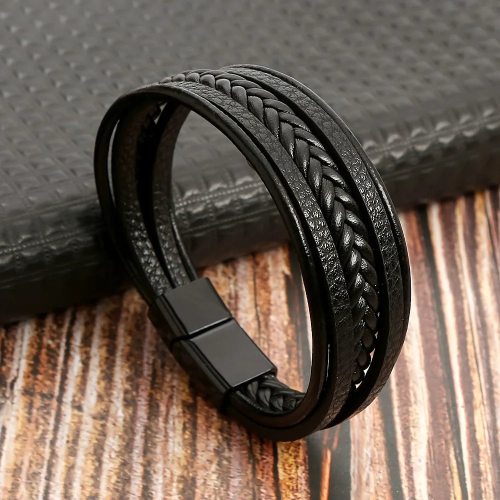 Multi Layer Braided Rope Bracelet for Men | Classic Handmade PU Leather Wristband wit alternate view