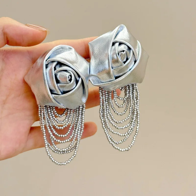 Fairy Mesh Rose Drop Earrings | Handmade Boho Tassel Jewelry close-up view