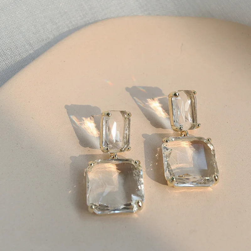 New Vintage Blue Coffee Square Oval Rhinestones Stud Earrings Women Shiny Cubic Geomet close-up view