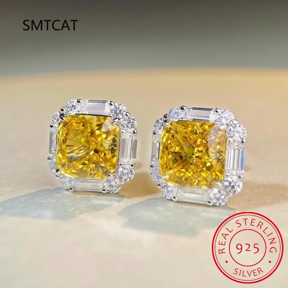 Chic 100% 925 Sterling Silver Citrine High Carbon Diamonds Gemstone Earrings Ear Stud Wedding Fine J