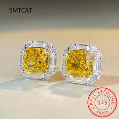 Chic 100% 925 Sterling Silver Citrine High Carbon Diamonds Gemstone Earrings Ear Stud Wedding Fine J