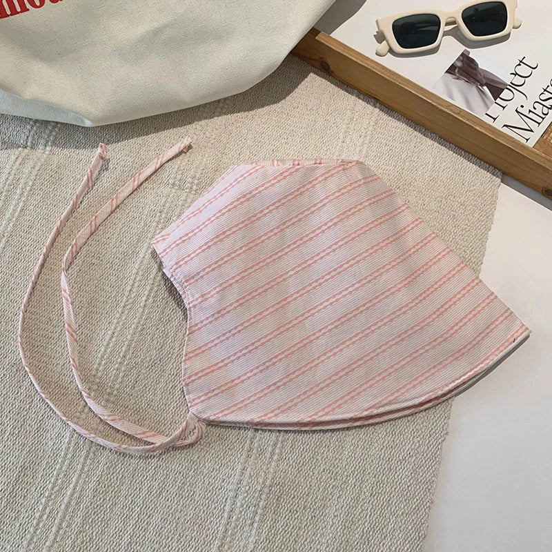 Women's Large Brim Foldable Bucket Hat with Chin Strap | Korean Style Striped Panama alternate view