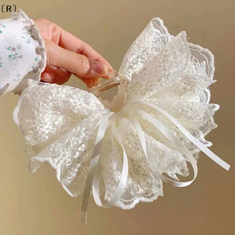 〔R〕Elegant White Ribbon Bow Hair Claws Fashion Fabric Hair Clip Crab For Girl Gift Hair Accessories Valentine Headwear