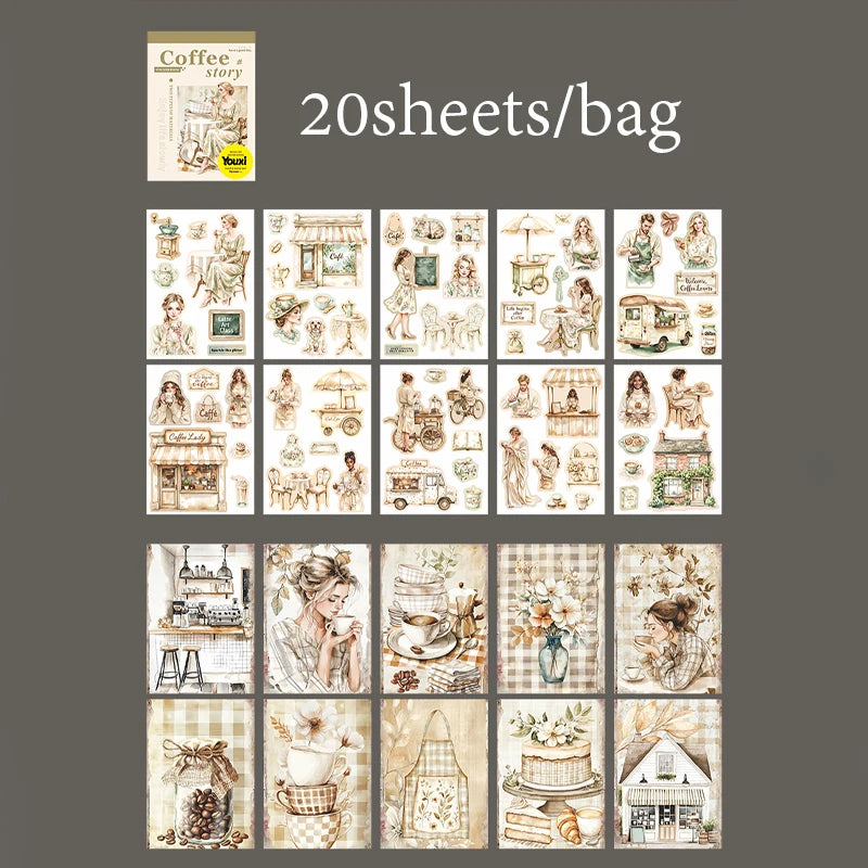 Coffee Sticker Book for DIY Scrapbooking | 20pcs Cafe Story Series close-up view