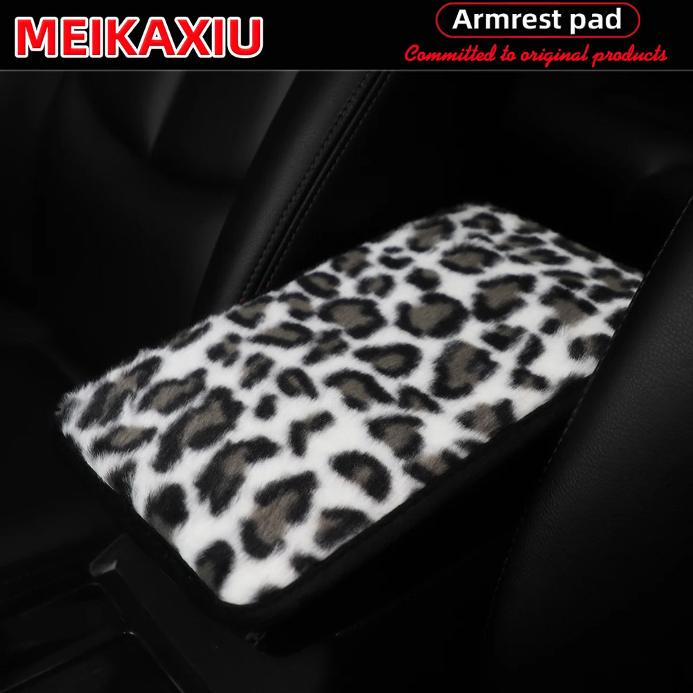 Artificial Rabbit Fur Leopard Print Car Armrest Pad detail view