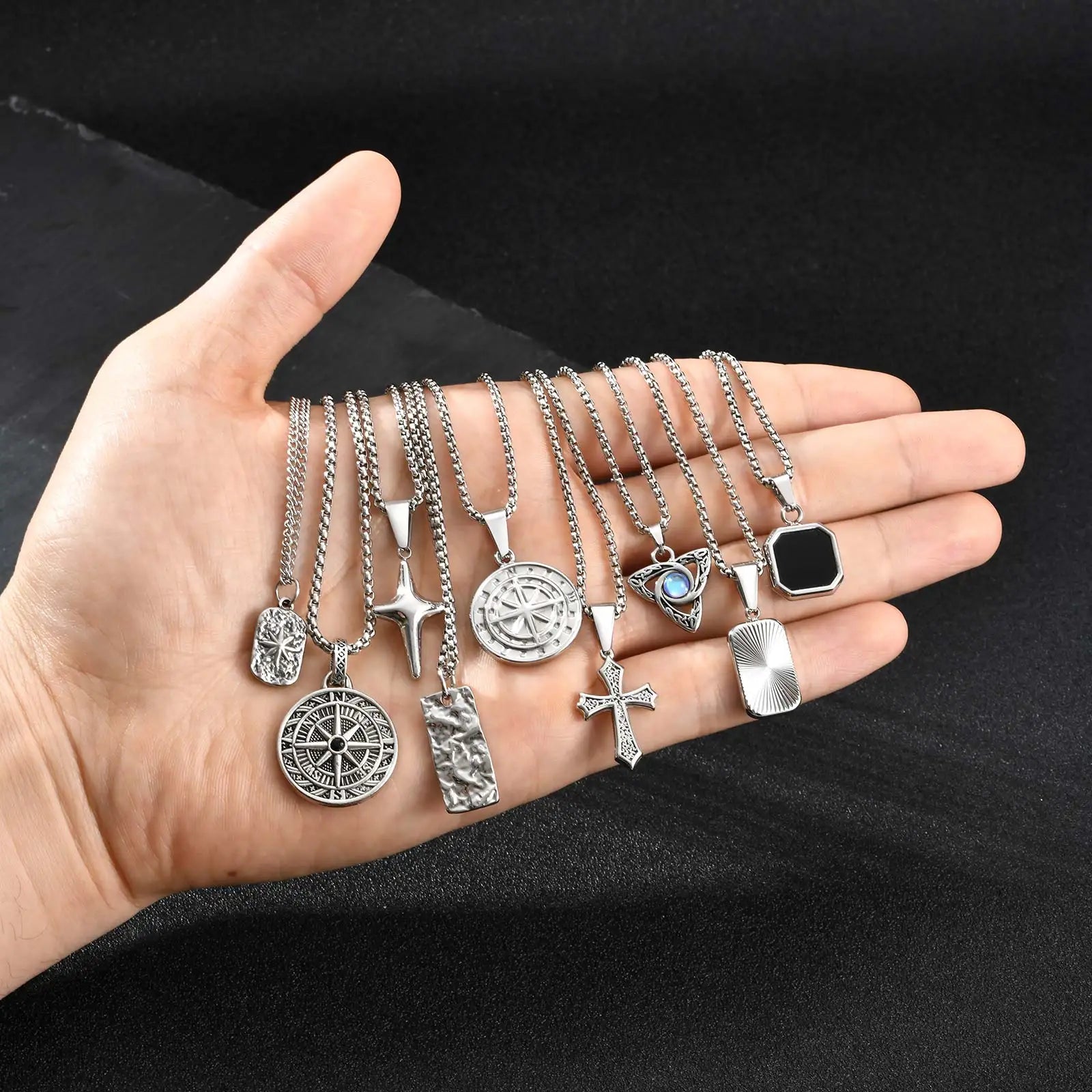 Men's Silver Color Geometric Pendant Necklace, Non Fading Stainless Steel Compass N additional angle