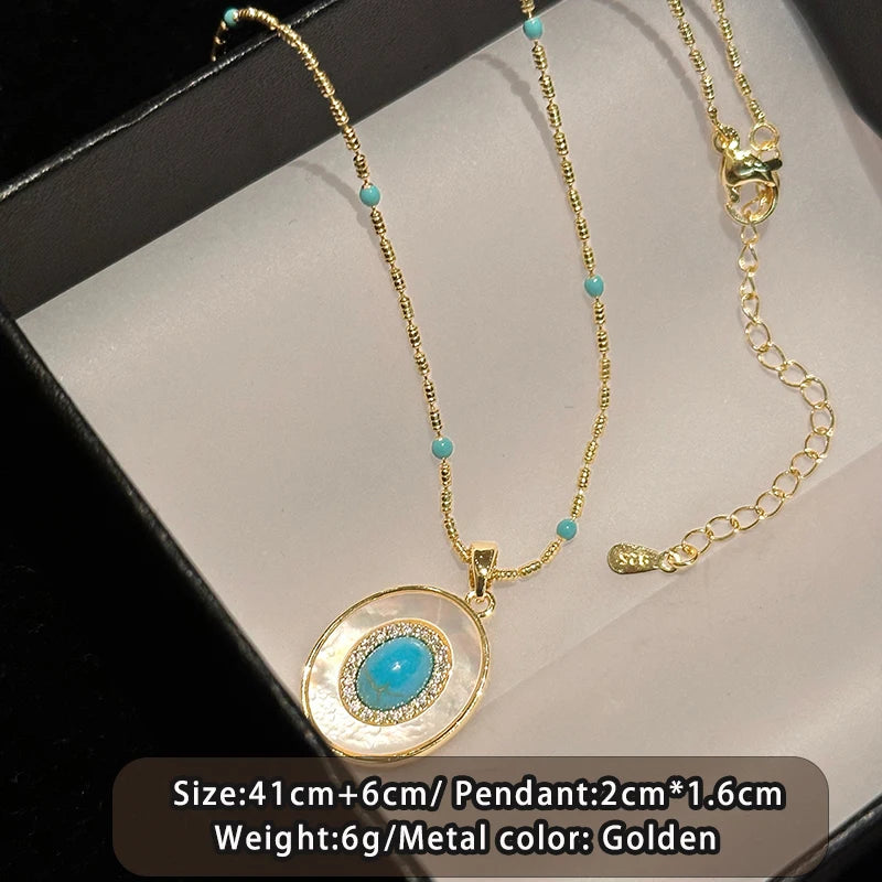 Natural Turquoise Oval Shell Pendant Necklace | Gold Chain Collarbone Jewelry alternate view