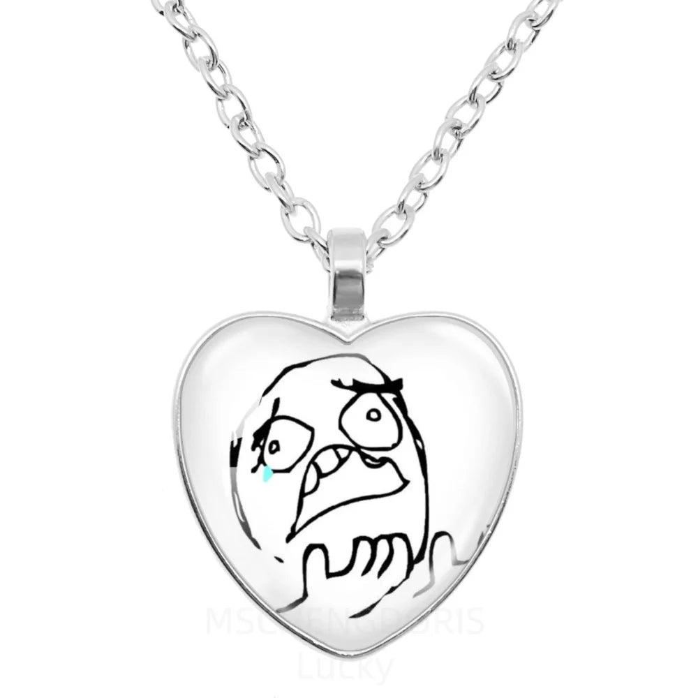 Rage Comic Necklace Derp Face Trollface Funny Meme Cartoon Glass Heart Shape Pendan additional angle