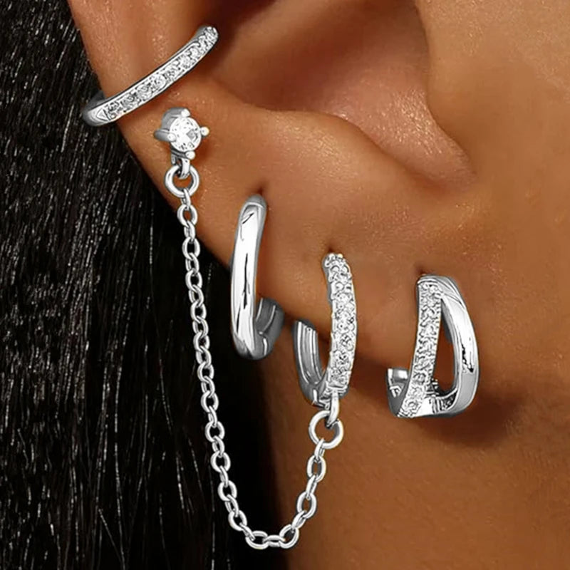 4PC Chain Huggie Earring Set | Flower Tragus Hoop Earrings for Women detail view