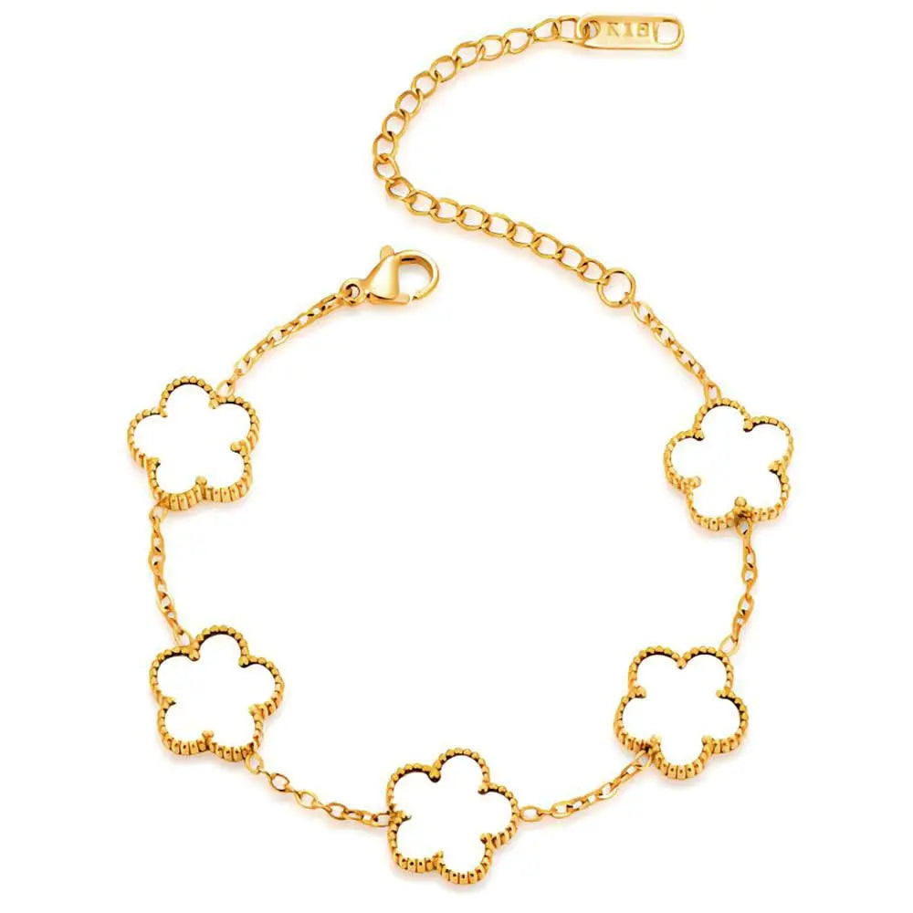 14K Gold Plated Stainless Steel Necklace Woman Five Leaf Petals Double Sided Necklaces close-up view