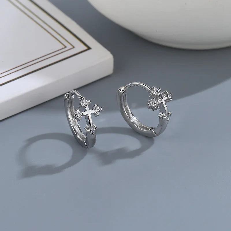 CIAXY Silver Color Cross Ear Hoop Earrings for Men and Women Couples Personality Zircon Ear Buckle Punk Jewelry