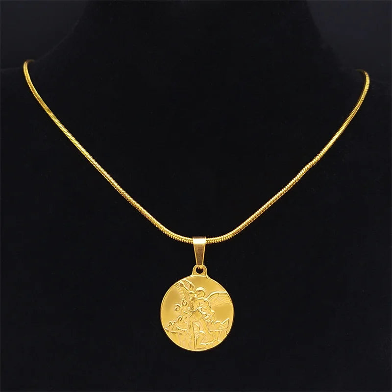SAINT MICHAEL PROTECT US Archangel Stainless Steel Necklaces Chain Men/Women Gold Col lifestyle view