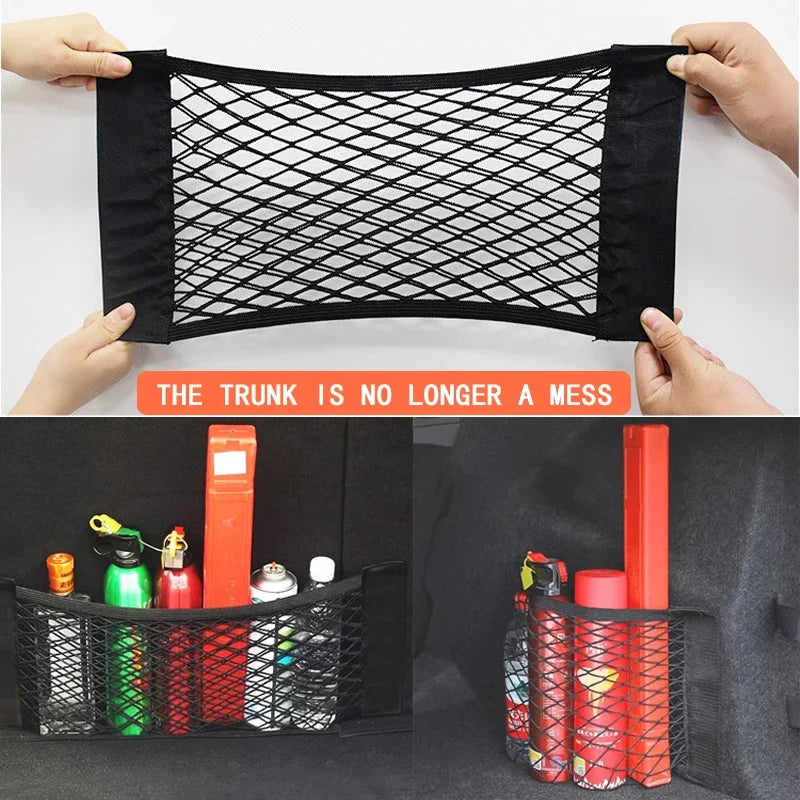 Nylon Mesh Trunk Organizer Rear Seat Net Bag With Magic Tape