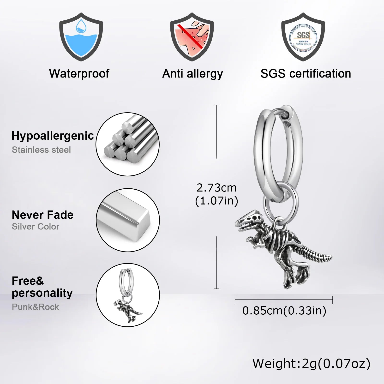 Dinosaur Drop Earrings | Stainless Steel Punk Rock Jewelry for Men and Women additional angle