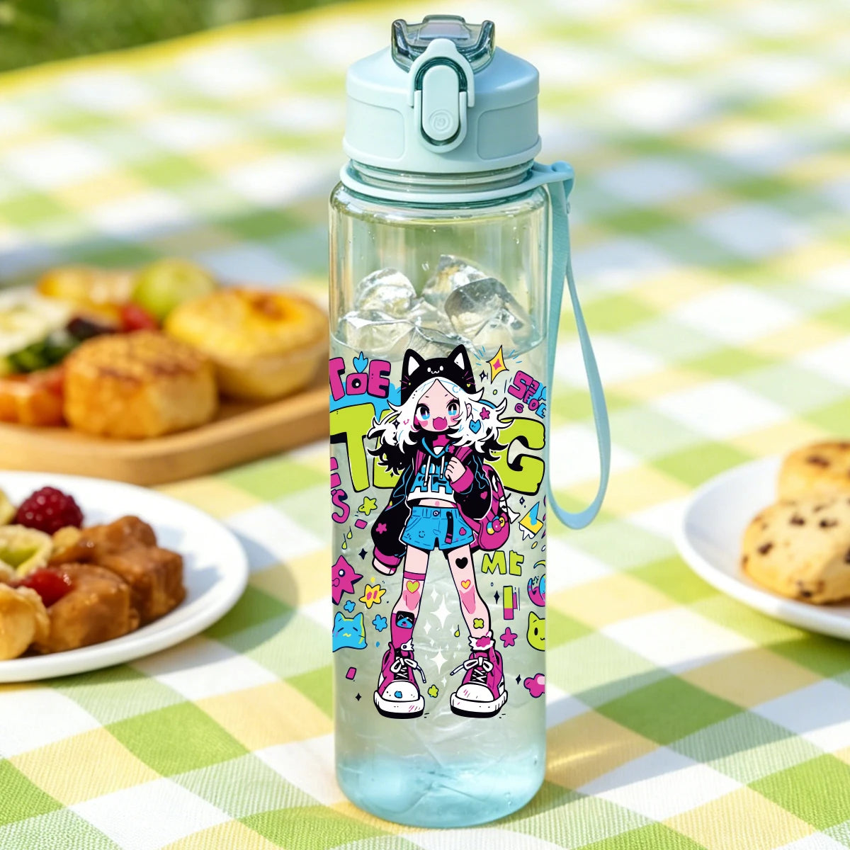 1 Piece 750ml (26 fl oz) Cartoon Anime Girl Printed Straw Cup, Summer Water Bottle, additional angle