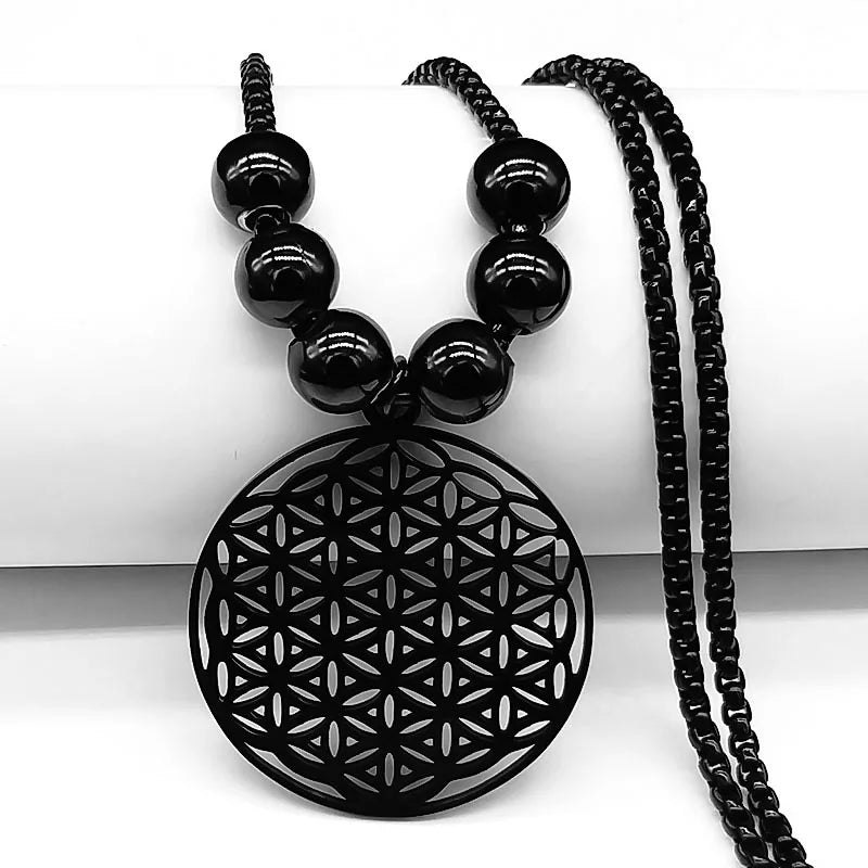 Sacred Geometry Flower of Life Necklace | Stainless Steel Mandala Pendant with Blac additional angle