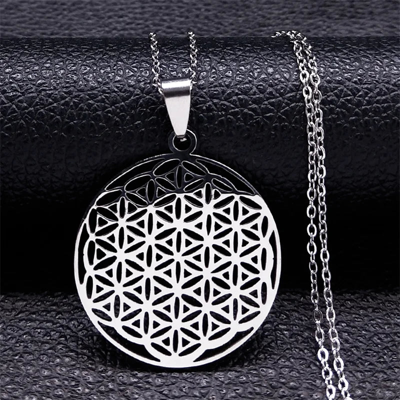 Sacred Geometry Flower of Life Necklace | Stainless Steel Mandala Pendant with Black lifestyle view