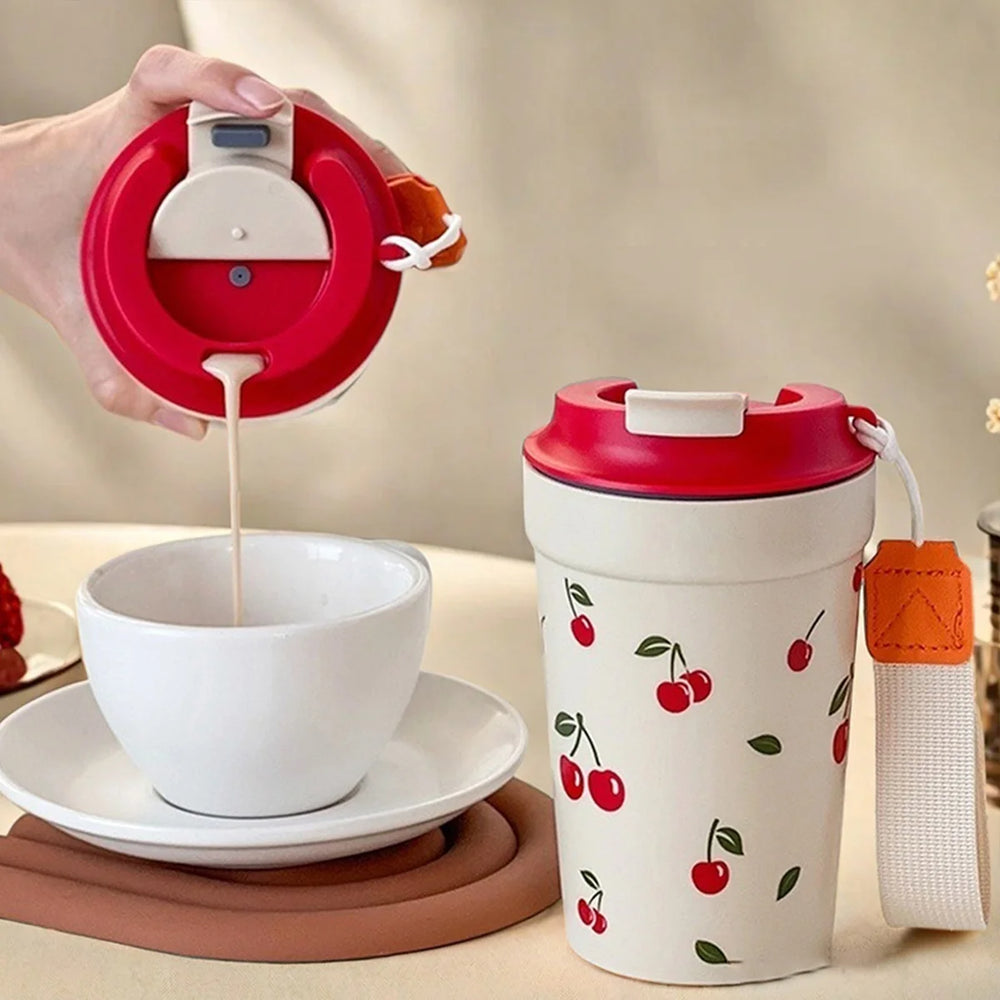 350/400ML Plastic Coffee Mug With Cherry Pattern Travel Portable Water Bottle Tumbler Sealed Leak Pr