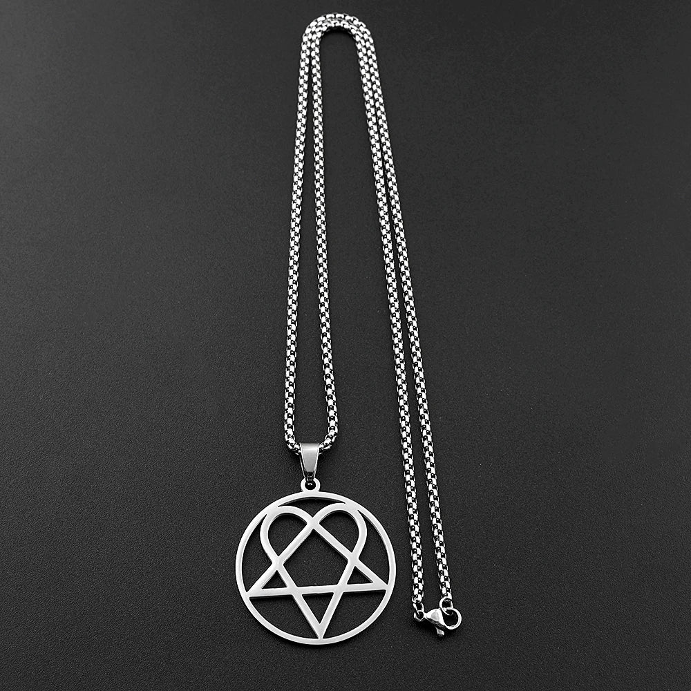 Stainless Steel Heartagram Pendant Necklace | Unisex Music Band Jewelry Gift close-up view