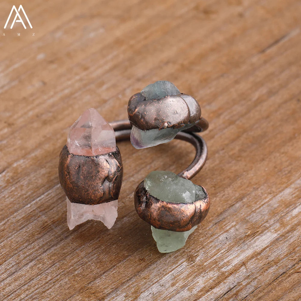 Irregular White Quartz Point Beads Bronze Handmade Rings Jewelry Women Natural Stone lifestyle view