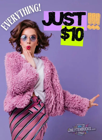 Woman in pink fur coat and sunglasses with promotional text on a purple background