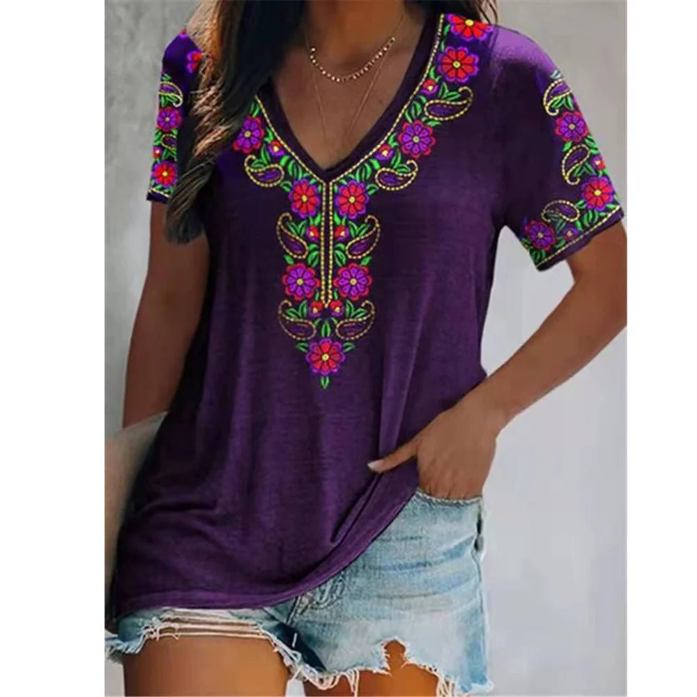 Bohemian Printed V - neck Short - Sleeved T-shirt - Onlytenbucks.com