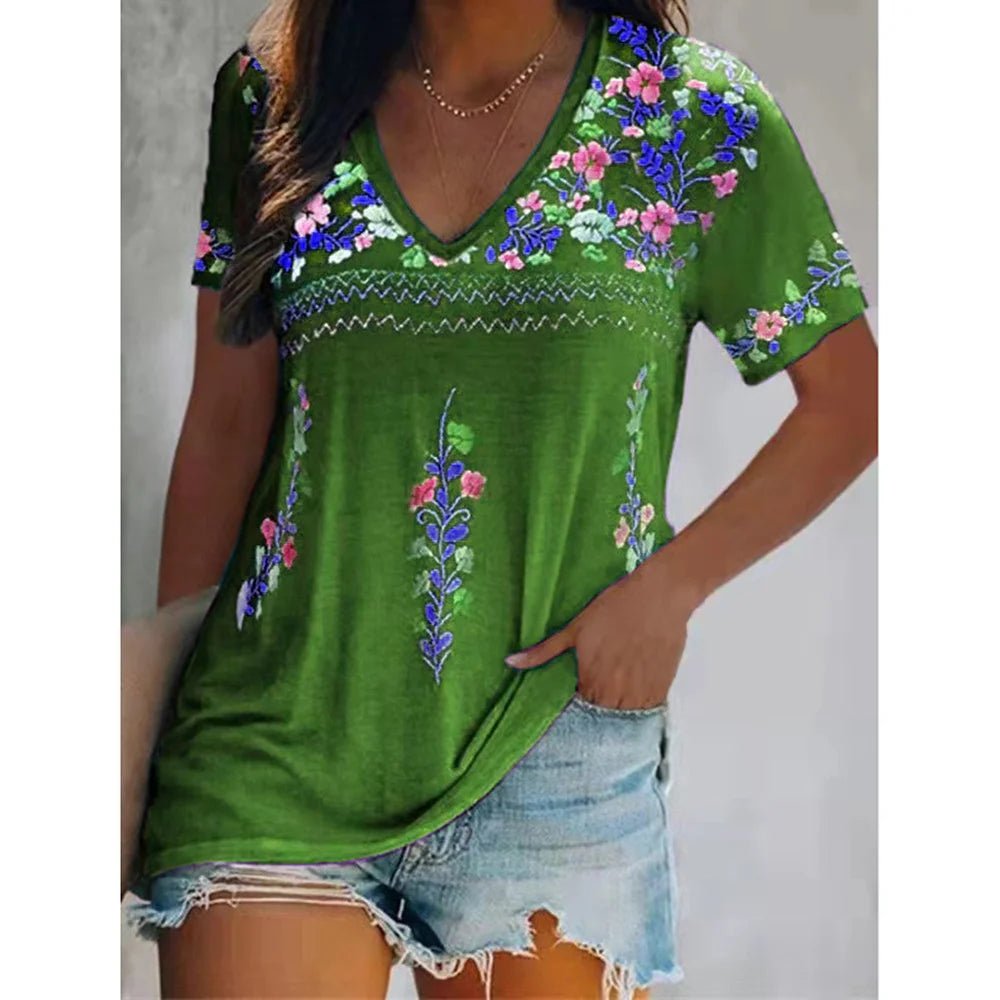 Bohemian Printed V - neck Short - Sleeved T-shirt - Onlytenbucks.com