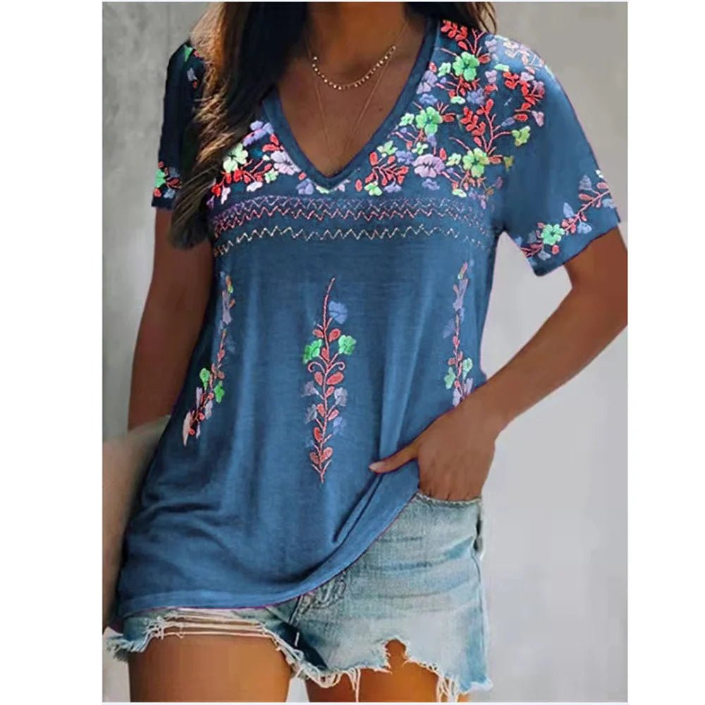 Bohemian Printed V - neck Short - Sleeved T-shirt - Onlytenbucks.com