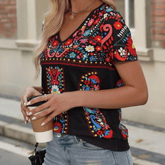 Bohemian Printed V - neck Short - Sleeved T-shirt - Onlytenbucks.com