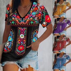Bohemian Printed V - neck Short - Sleeved T-shirt - Onlytenbucks.com