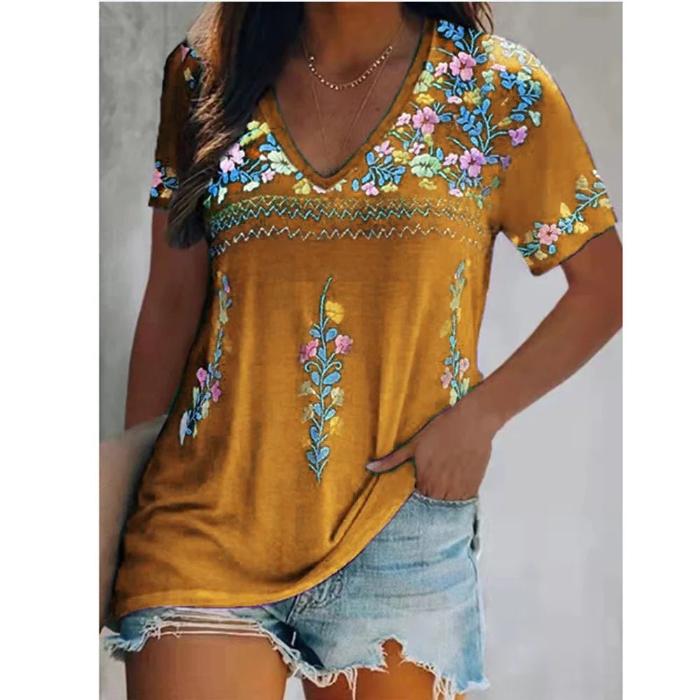 Bohemian Printed V - neck Short - Sleeved T-shirt - Onlytenbucks.com