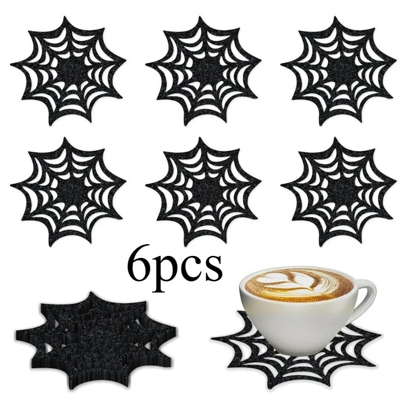 Halloween Spider Web Coaster Set – 6Pcs Non - Woven Black Drink Mats - Onlytenbucks.com