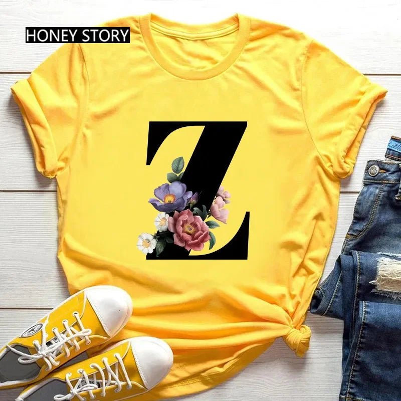 Large Size Flowers 26 English Letters Casual Yellow T-shirt Short Sleeve - Onlytenbucks.com