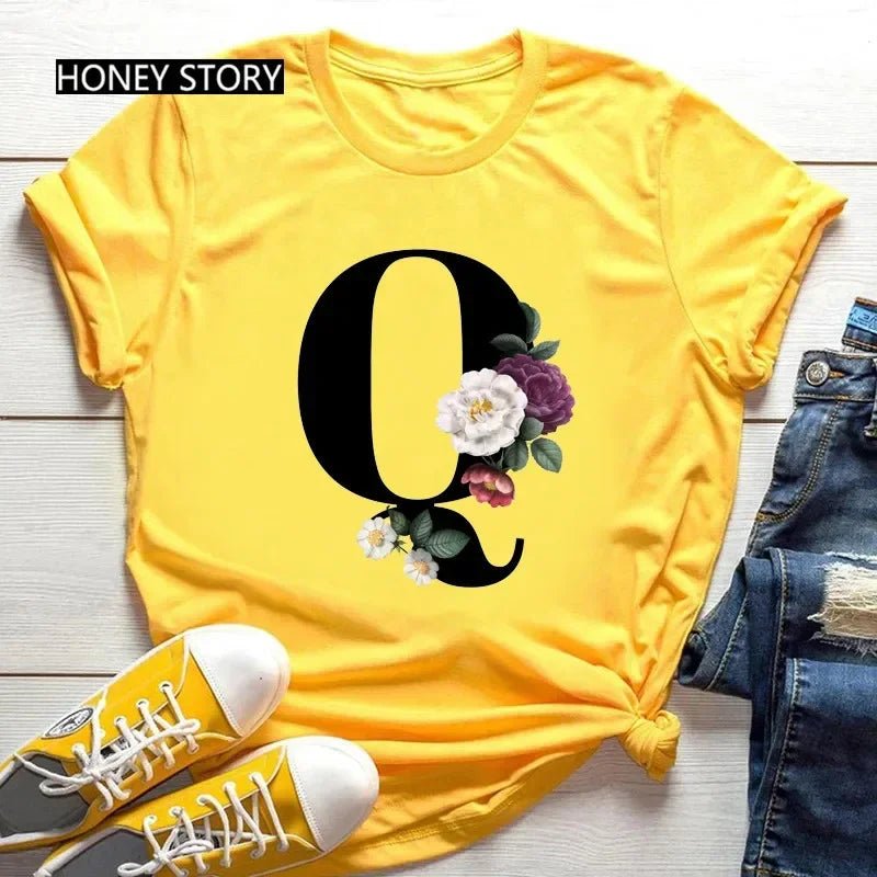 Large Size Flowers 26 English Letters Casual Yellow T-shirt Short Sleeve - Onlytenbucks.com