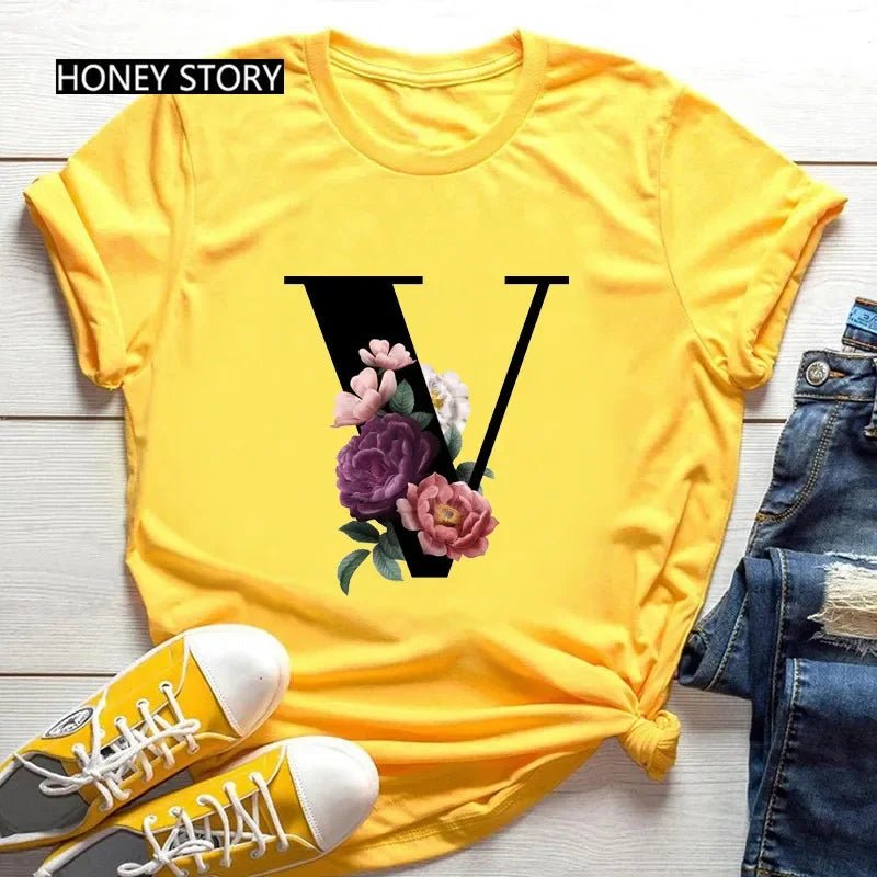 Large Size Flowers 26 English Letters Casual Yellow T-shirt Short Sleeve - Onlytenbucks.com