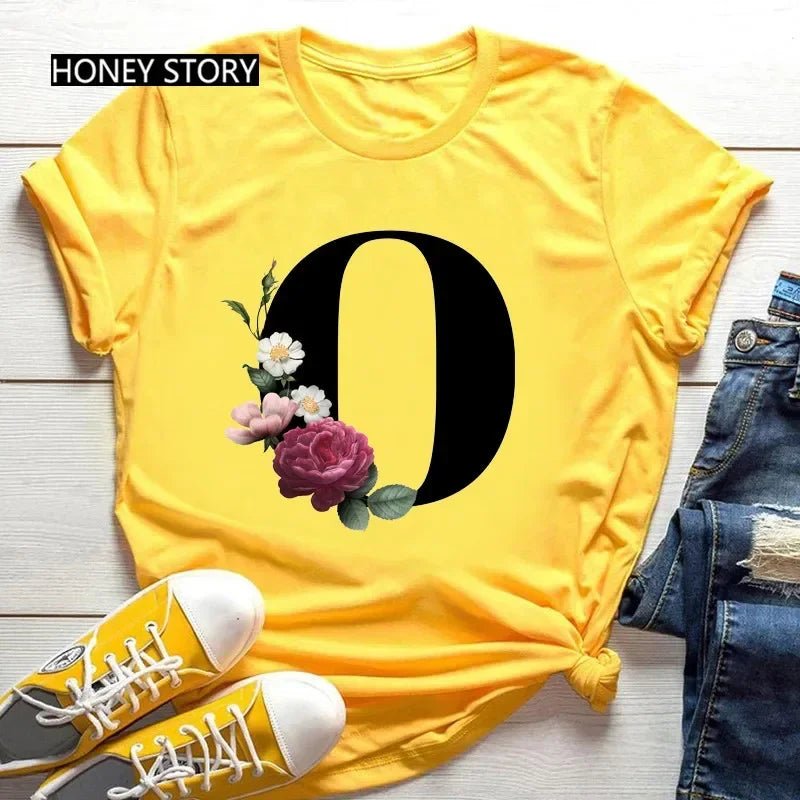 Large Size Flowers 26 English Letters Casual Yellow T-shirt Short Sleeve - Onlytenbucks.com