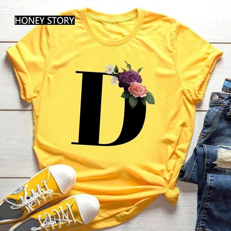 Large Size Flowers 26 English Letters Casual Yellow T-shirt Short Sleeve - Onlytenbucks.com