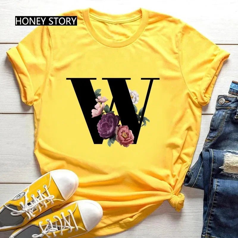 Large Size Flowers 26 English Letters Casual Yellow T-shirt Short Sleeve - Onlytenbucks.com