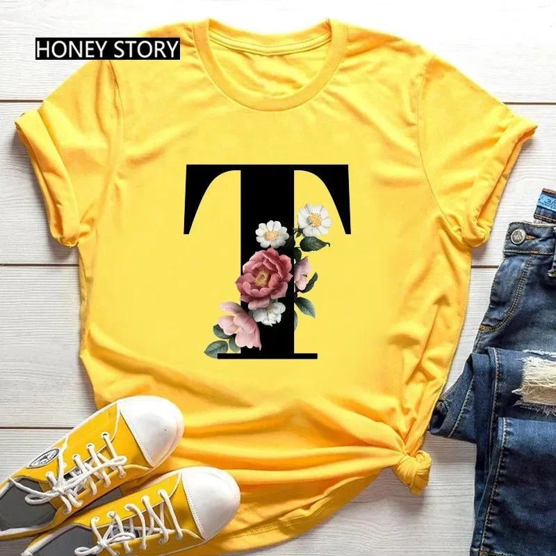 Large Size Flowers 26 English Letters Casual Yellow T-shirt Short Sleeve - Onlytenbucks.com